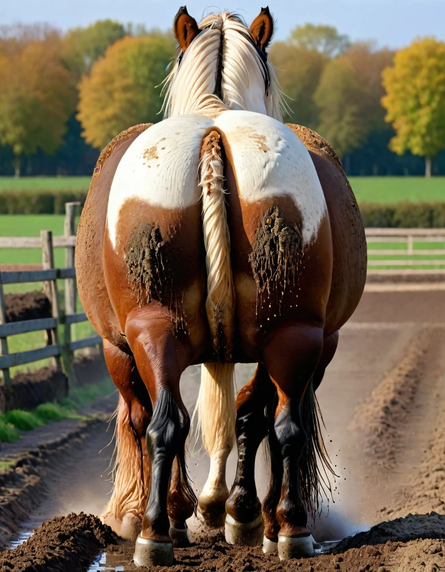 full rear view of large fat wide hairy Belgian draft horse stallion with lumps of horse dung coming out of the centre (under tail) of a big bum and sliding down legs. facing away from view point - towards horizon. wide open ?????? and anus in full view full of horse dung. tail to left side. ((masterpiece)), ((best quality)), ((highres)), ((extremely detailed)), ((close  shot, back view)), (super realistic) . anatomically correct. horse surrounded by lumps of steaming dung