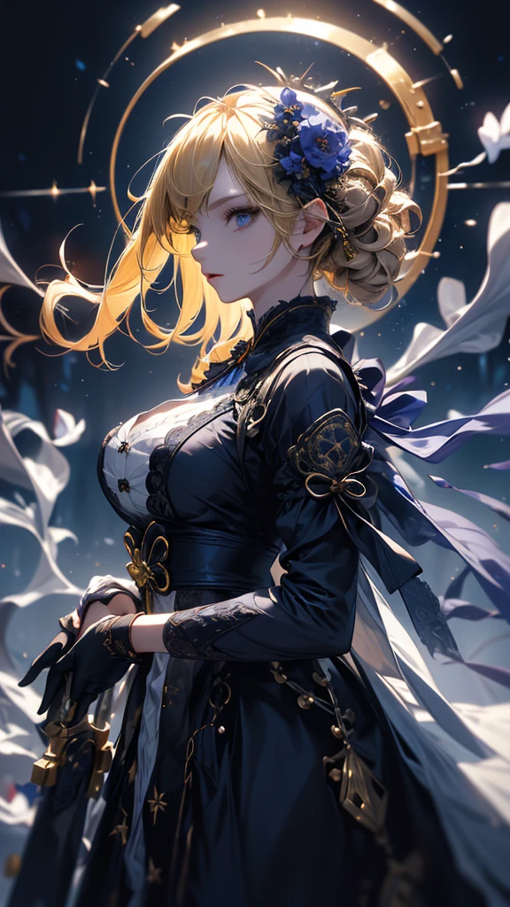 masterpiece, high quality, 4K, Beautiful design, silhouette,blonde, 非常に詳細な夜のStarry Sky,Flower Field, wonderful, Finer details, Very knowledgeable woman, Highly detailed solo, 1 female,Big Breasts,Gothic Lolita Fashion,Night view,Starry Sky,full moon,