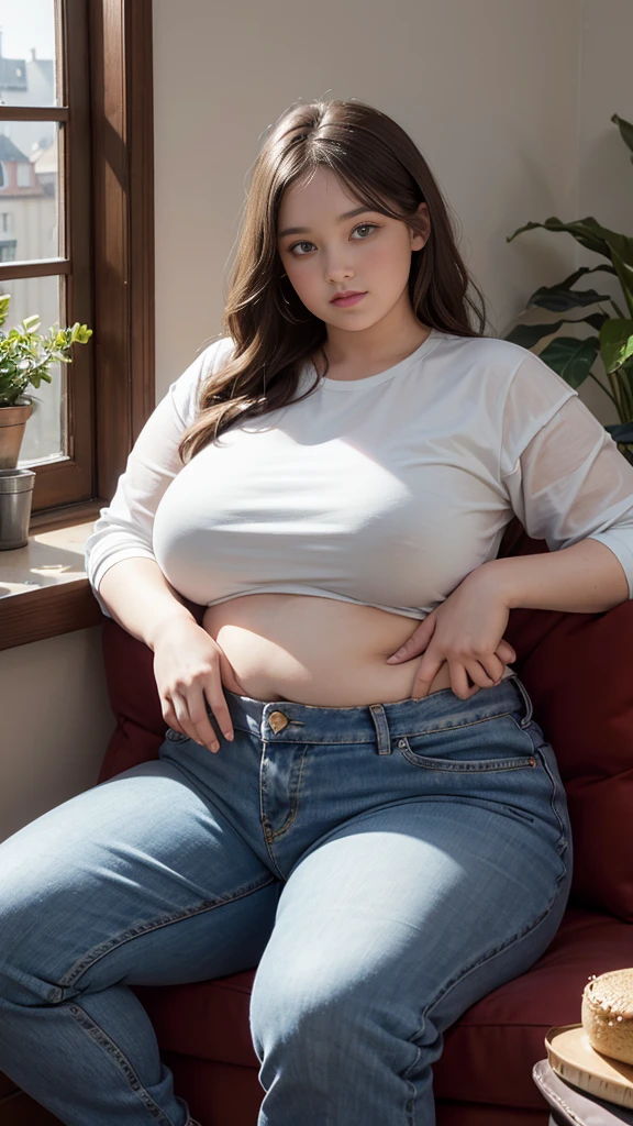 Femme très grosse, assise dans des coussins, Makima, bbwchan, cheveux rouges et yeux jaunes, double menton. Son gros bide sort de son pantalon, elle le carresse avec ses mains. Button pop. Ventre en boule sous le jean. Elle porte un short en jean trop petit et un haut en dentelle, belle lumière sur elle, magnifique femme obese