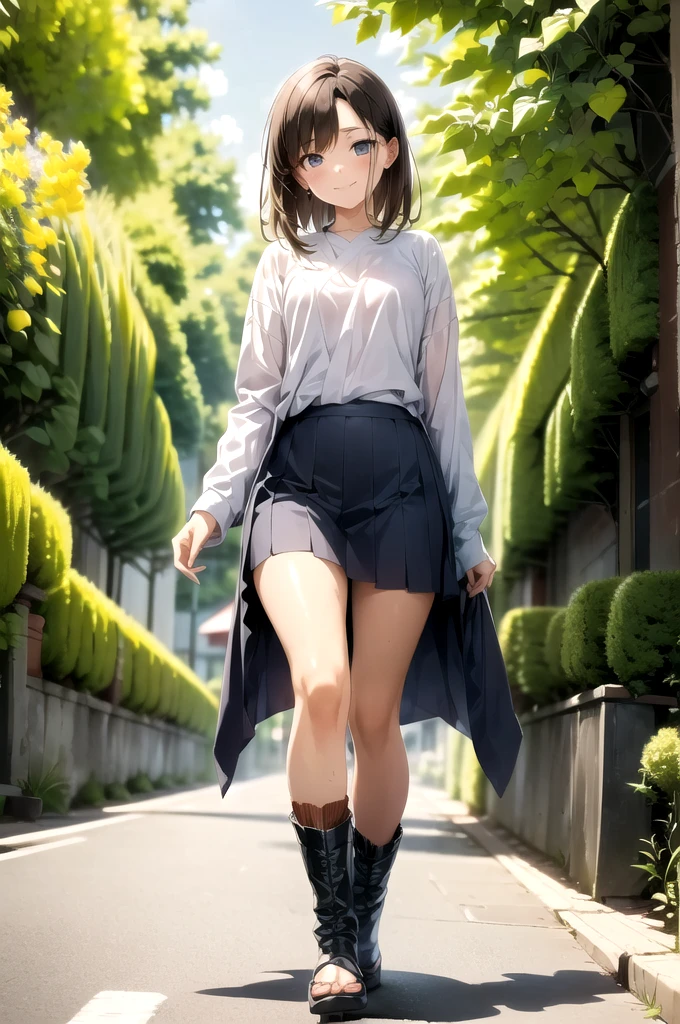 A Japanese woman in long boots is walking along a snowy road
