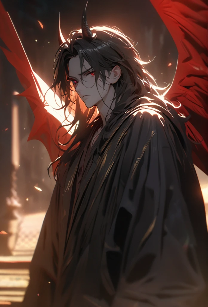 (solo), masculine, black hair, messy hair, mane hair, long hair, dense hair, wild hair, expressive hair, mature,(25 year old), pale skin, red eyes, ((man)), wearing a black robe, black demon horns,, serious, red wings, handsome, attractive, eye reflection, depth of field, thunder aura,cinematic lighting, ray tracing, depth of field, cinematic lighting, ray tracing, UHD, high details, best quality, highres, high quality, award winning, super detail, masterpiece, 8k, UHD, high details, best quality, highres, high quality, award winning, super detail, masterpiece, 8k, digital art, anime coloring, full body, body shot, good face, perfect face, detailed face, good eyes, sitting on a throne