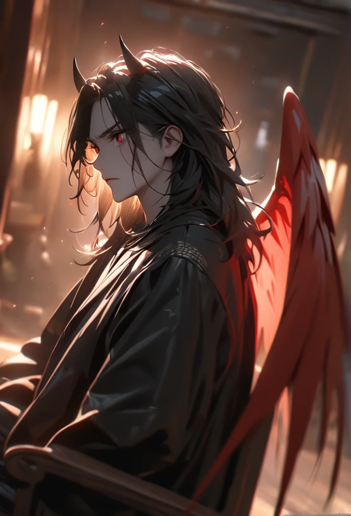 (solo), masculine, black hair, messy hair, mane hair, long hair, dense hair, wild hair, expressive hair, mature,(25 year old), pale skin, red eyes, ((man)), wearing a black robe, black demon horns,, serious, red wings, handsome, attractive, eye reflection, depth of field, thunder aura,cinematic lighting, ray tracing, depth of field, cinematic lighting, ray tracing, UHD, high details, best quality, highres, high quality, award winning, super detail, masterpiece, 8k, UHD, high details, best quality, highres, high quality, award winning, super detail, masterpiece, 8k, digital art, anime coloring, full body, body shot, good face, perfect face, detailed face, good eyes, sitting on a throne