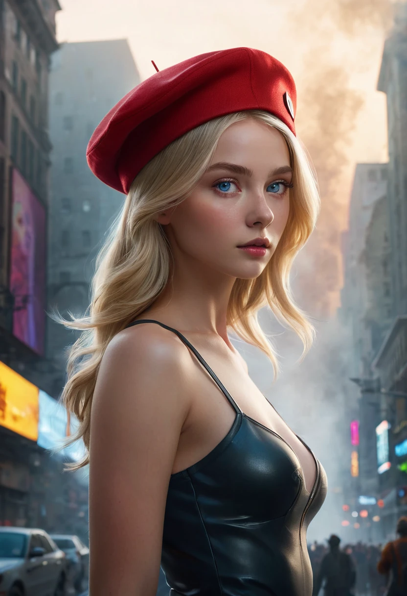 perfect, blue-eyed blonde girl, her hair looks almost real in her fluid illustration style. The girl's human anatomy is depicted with delicate precision, showing her elegant posture and graceful features. She has a full red cap on her head, with a lot of shine and cinematic lighting on the front of the cap (front), intricate details of the girl's hair and facial features, digital art, winner of the Artstation contest, imagine fx, in a futuristic city with colorful smoke and fog, high quality, side view, (full uncropped image)