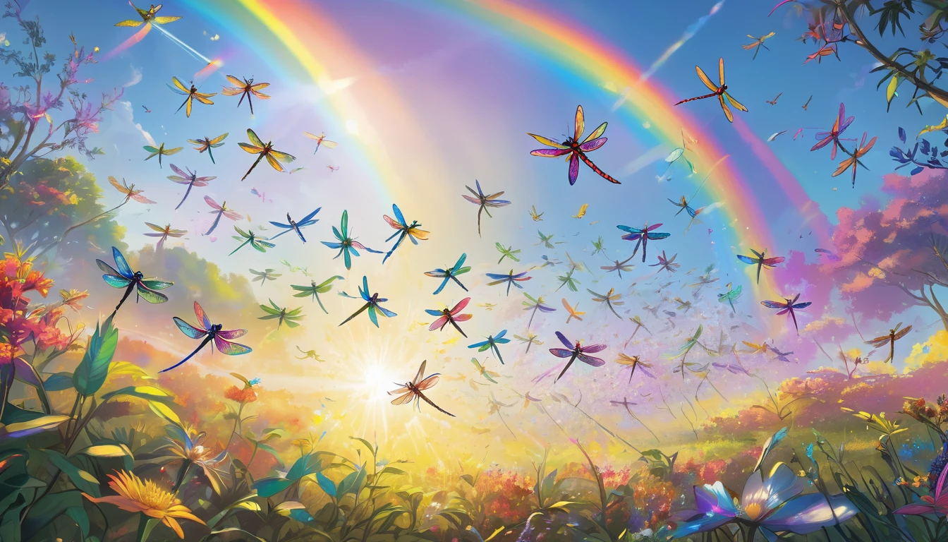 A swarm of dragonflies dancing in the sunlight, their wings shimmering in a rainbow of colors, creating a mesmerizing display.