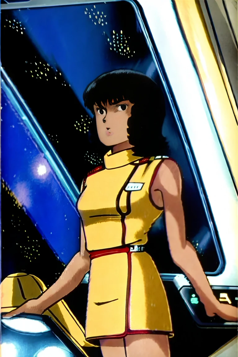 8k,(masterpiece:1.4)(best quality:1.4),(top quality), 1girl,fayuiry,black hair, black eyes, yellow dress,  uniform, inside spaceship, galaxy, window ,indoors,  standing,  looking at viewer,  solo focus,(shiny skin),steaming body ,