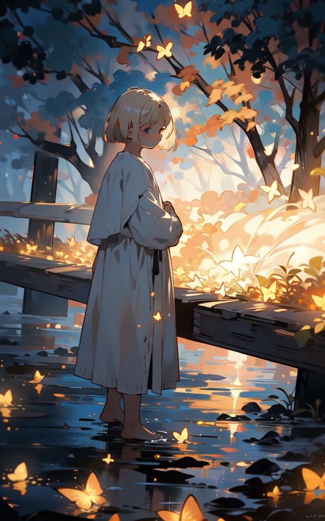 Bushfires, red flames, devastation, black smoke, masterpiece,best quality,HDR.UHD.4K,8K,K,Highly detailed,ultra-finepainting,extreme detail description,Professional, 1 young man, volumetric light, platinum blonde hair, bob cut, butterfly, best quality, illustration,  beautiful detailed eyes, blue eyes, pose, white costume, In forests with autumn leaves,  standing, from below,