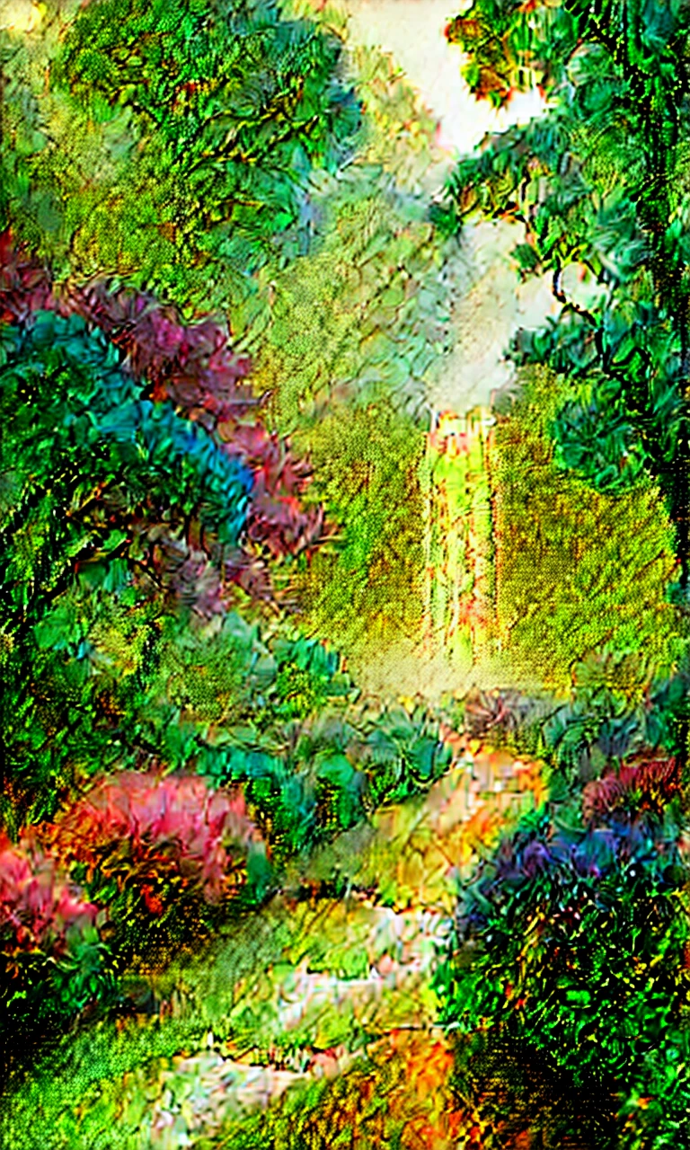 Stil, ChromaV5, nvinkpunk, (extremely Detailed 8k CG unit wallpaper), A picture of a majestic river, Trees on the sides, little waterfall, Thick fog, award-winning photography, chromatic aberration, Detailed, HDR, bloom, Monet-Stil, Pissarro und Sisley, Trend at Artstation, Trend bei CGSociety, Art on the move
