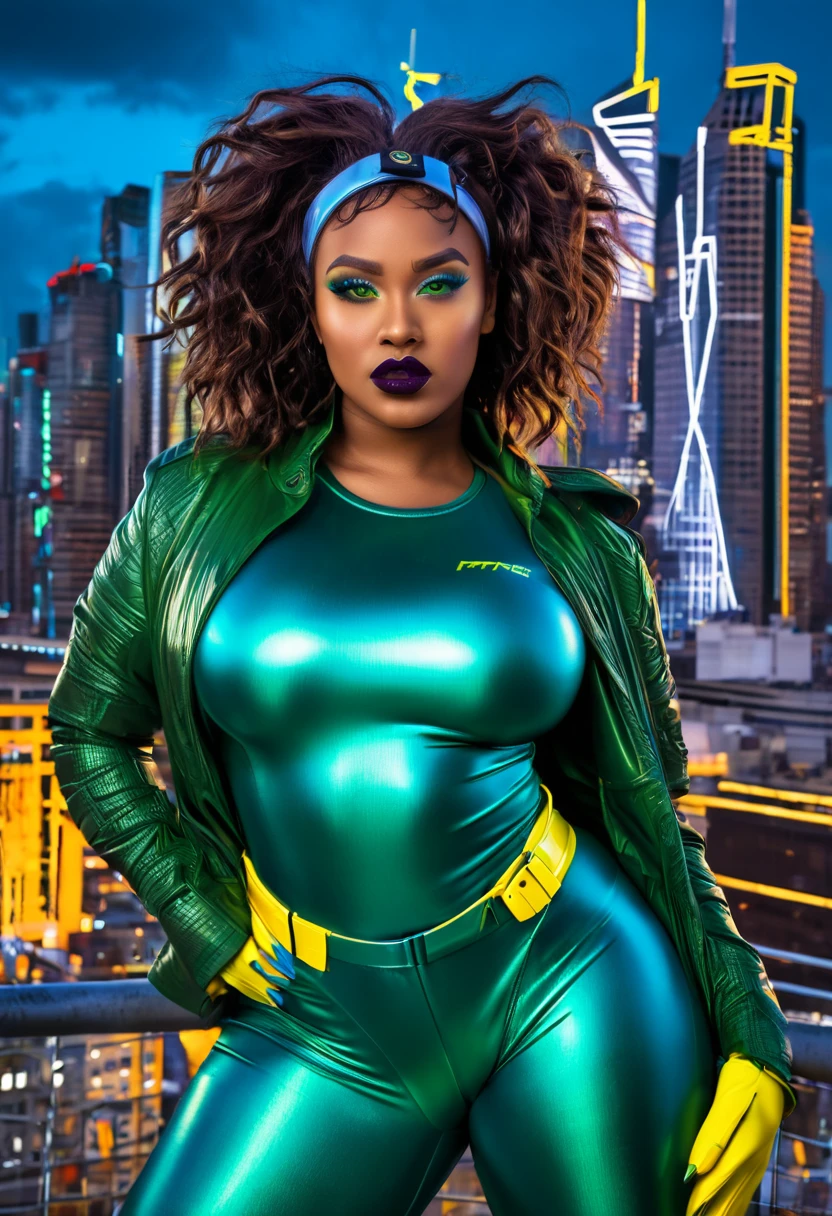 (32K, Best quality, Masterpiece: 1, 2), (Realistic, photograph realistic: 1,37), Top quality, Masterpiece, curvy black woman RogueXMXL, green eyes, lipstick, brown hair, two-tone hair, long hair, messy hair, headband, big breasts, cropped jacket, brown jacket, yellow bodysuit, long bodysuit, yellow gloves, belt, yellow boots upper body photo (Photo realistic),A cyberpunk curvy black woman with green eyes and shiny blue hair stands against a backdrop of a futuristic cityscape. She wears a sleek, metallic blue bodysuit that shimmers under the neon lights. The city behind her is a blend of towering skyscrapers and neon signs, pulsating with vibrant colors