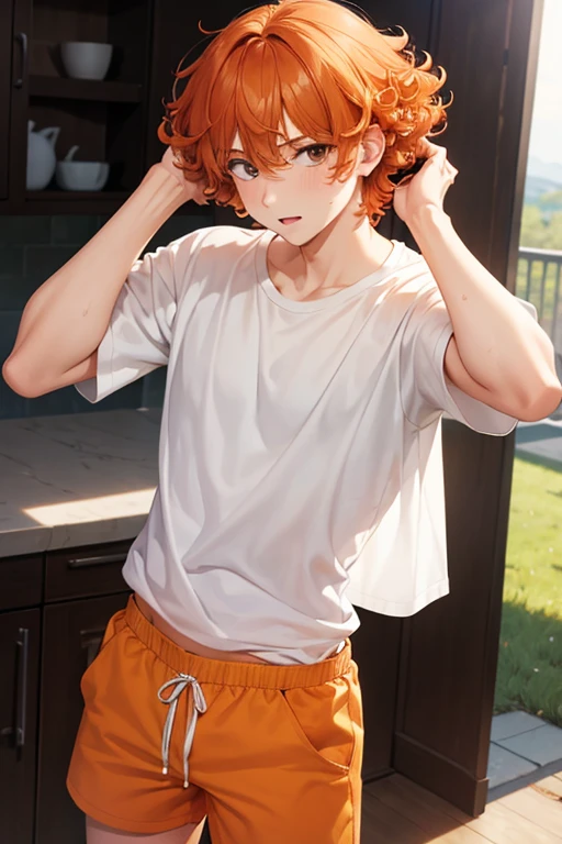 1 young man,boy ,18 years,Curly hair,cut hair,orange hair, White shirt,orange shorts,standing, hands on head,ultra detail, perfect face, HD face, detailed face, masterpiece