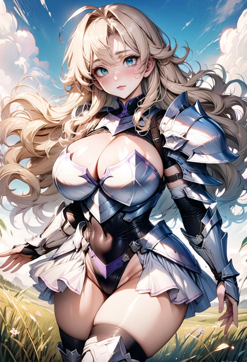 ((highest quality)), ((masterpiece)), ((hyperrealistic)), (detailed background), solo, 1girl, ((curvy: 1.2)), kawaii, sexy, ((armored dress: 1.3)), Blonde berry long wavy hair, Ahoge, (paladin magic armor), ((black tight-fitting leotard bodysuit)), ((huge breasts)), ((arm guard gauntlet)), (metal harness breastplate), body harness, belt waist armor, ((zettai ryouiki knee socks boots)), (big butt), (cleavage cutout), (Groin), (thighs), beautiful aqua eyes, droopy eyes, perfect face, Perfect hands, perfect fingers, Blue sky and grassland,