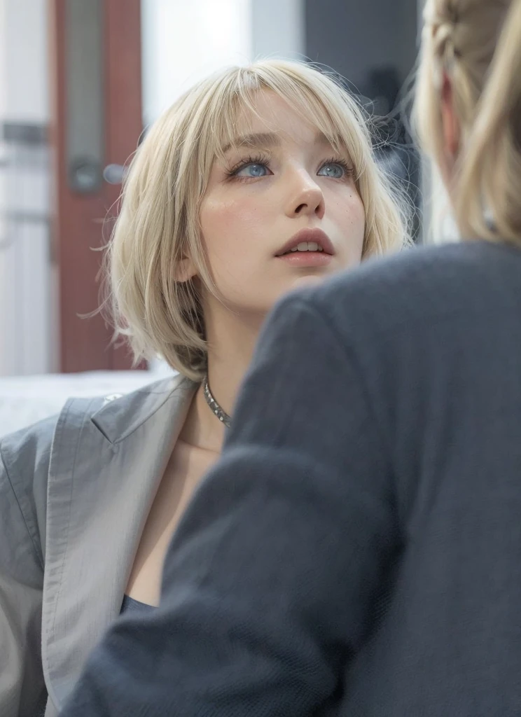 Blonde hair, wavy hairstyle, eyes grey, cute hair