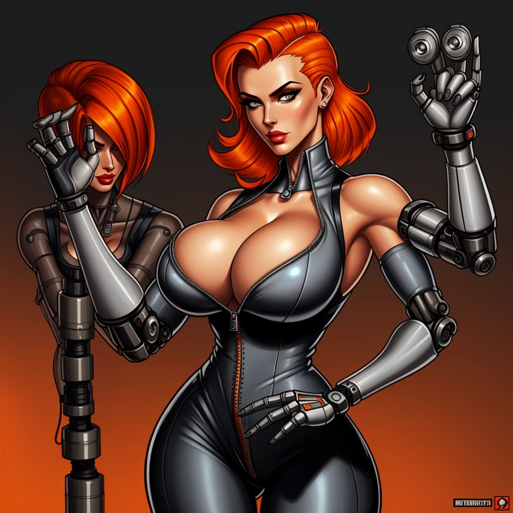 Femme Fatale, gorgeous mechanic, atompunk, blank background, retro-futurism, mechanical hand, cybernetic augments, unzipped orange jumpsuit, gunmetal grey, cleavage, half shaved head, ginger hair, extra arm