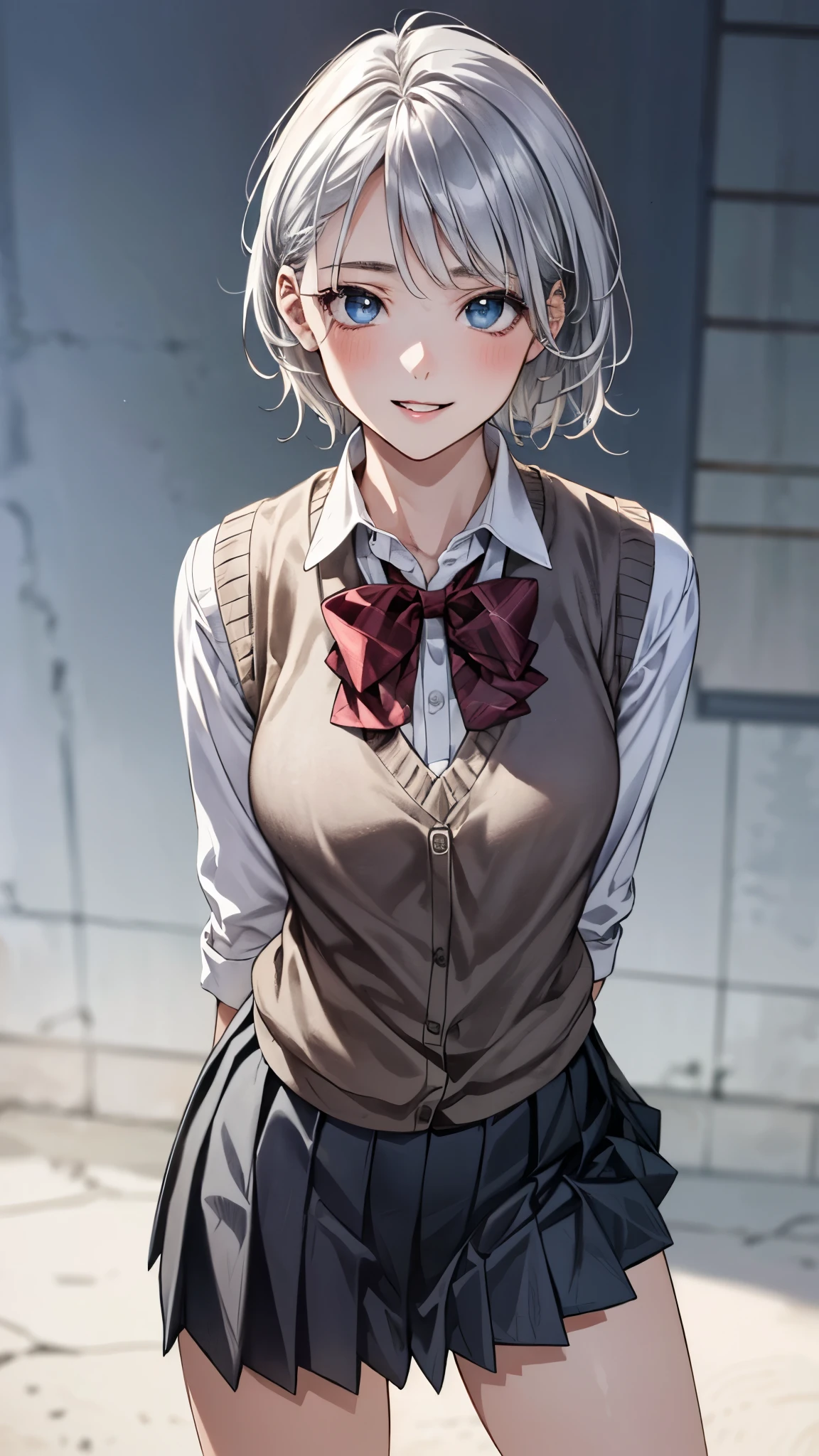 (masterpiece:1.3, top-quality, ultra high res, ultra detailed), (realistic, photorealistic:1.4), beautiful illustration, perfect lighting, natural lighting, colorful, depth of fields, surrealism,
beautiful detailed hair, beautiful detailed face, beautiful detailed eyes, beautiful clavicle, beautiful body, beautiful chest, beautiful thigh, beautiful legs, beautiful fingers, shiny skin,
looking at viewer, 1 girl, japanese, high school girl, (perfect anatomy, anatomically correct, super detailed skin), cute and symmetrical face, face, perfect face, perfect eyes,
(short hair, lob hair, sideburns, silver hair), swept bangs, blue eyes, big eyes, long eyelashes, (medium breasts, seductive thighs), slender, outstanding style,
((detailed cloth texture, break,break, white collared shirt, break,break, light brown knit vest, break,break, grey pleated skirt, break,break, red bow tie), break,break, white socks, black loafer),
(beautiful scenery), evening, (downtown), standing, leaning forward, (arms behind back), (lovely smile, parted lips),