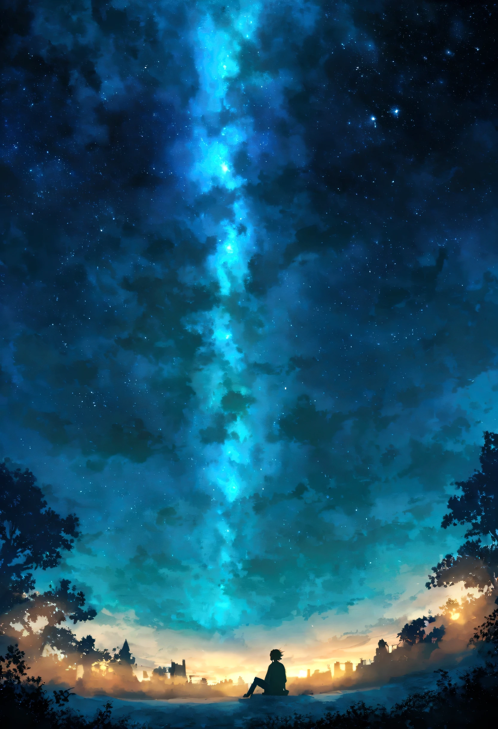 octans, sky, star (sky), scenery, starry sky, night, One teenage boy, night sky, solo, outdoors, building, cloud, milky way, sitting, tree, short hair, city, silhouette, cityscape