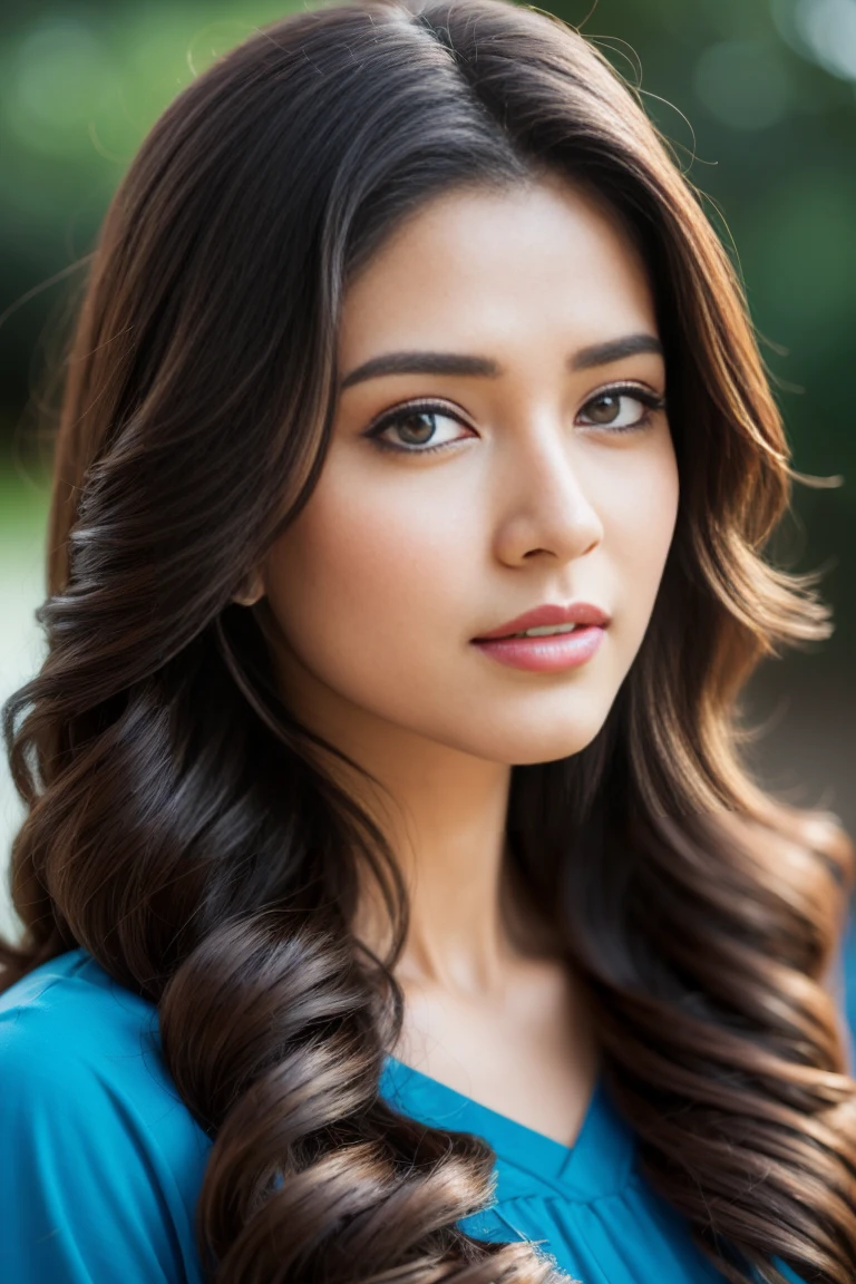 Portrait of A confident-looking indian woman with long flowing hair, hazel eyes, with blue t-shirt, perfect composition, hyperrealistic, super detailed, 8k, high quality, trending art, trending on artstation, sharp focus, garden photo, intricate details, highly detailed, very thin beautiful woman with brown hair and elegant hairstyle, clear facial features, detailed image, realistic, real, realistic facial features, realistic photography