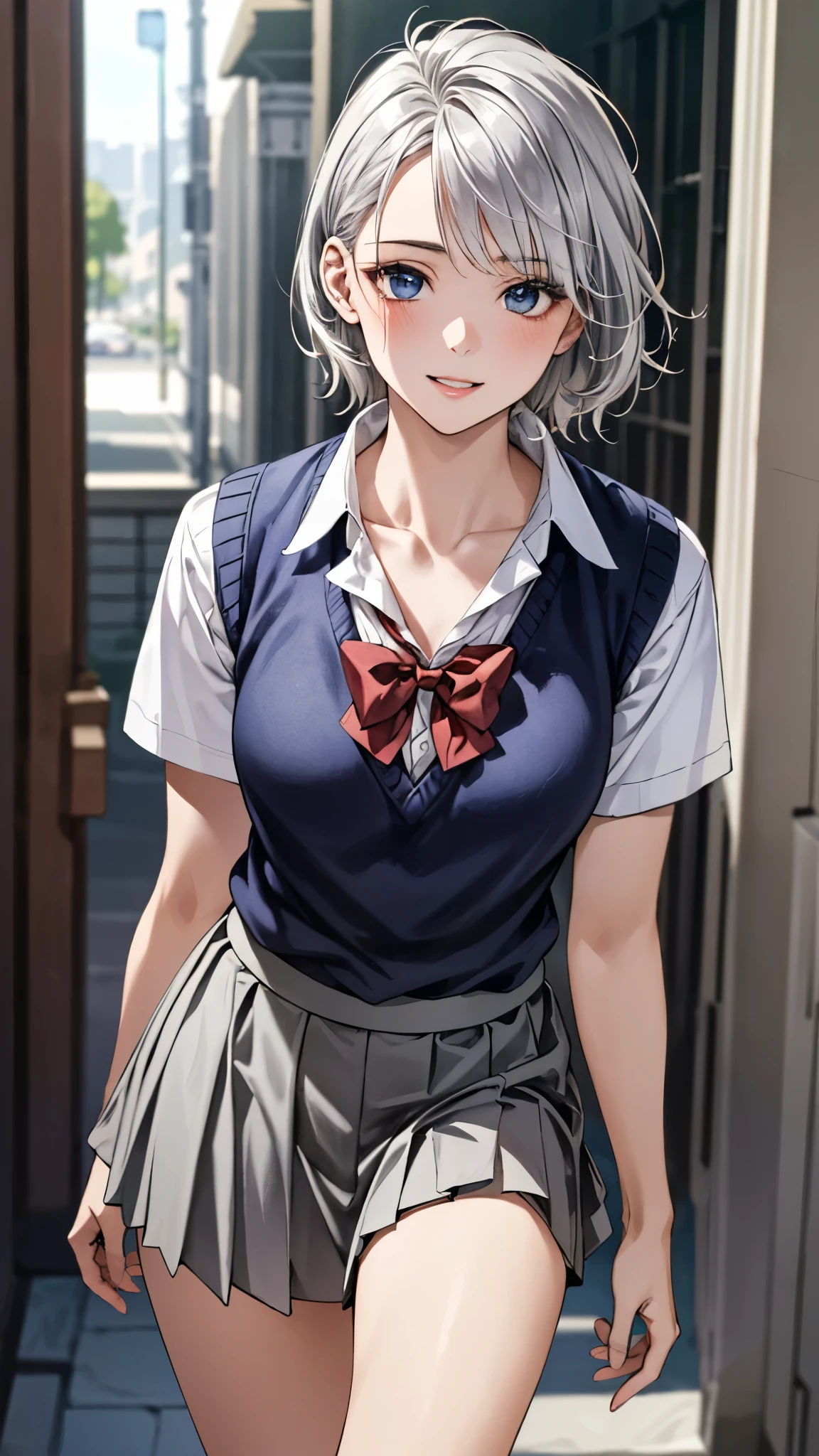 (masterpiece:1.3, top-quality, ultra high res, ultra detailed), (realistic, photorealistic:1.4), beautiful illustration, perfect lighting, natural lighting, colorful, depth of fields, surrealism, 
beautiful detailed hair, beautiful detailed face, beautiful detailed eyes, beautiful clavicle, beautiful body, beautiful chest, beautiful thigh, beautiful legs, beautiful fingers, shiny skin, 
looking at viewer, 1 girl, japanese, high school girl, (perfect ???????, anatomically correct, super detailed skin), cute and symmetrical face, babyface, perfect face, perfect eyes, 
(short hair, lob hair, sideburns, silver hair), swept bangs, blue eyes, big eyes, long eyelashes, (medium breasts, seductive thighs), slender, outstanding style, 
((detailed cloth texture, break,break, white collared shirt, break,break, light brown knit vest, break,break, grey pleated skirt, break,break, red bow tie), break,break, white socks, black loafer), 
(beautiful scenery), evening, (downtown), standing, leaning forward, (arms behind back), (lovely smile, parted lips),