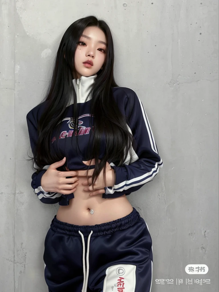arafida asian woman in a tracksuit posing for a photo, wearing a sweatshirt, korean, wearing a sweatshirt, wearing athletics suit, her belly button is exposed, she is wearing streetwear, profile image, profile image, jennie blackpink, 2 4 year old female model, mulher korean, ulzzang