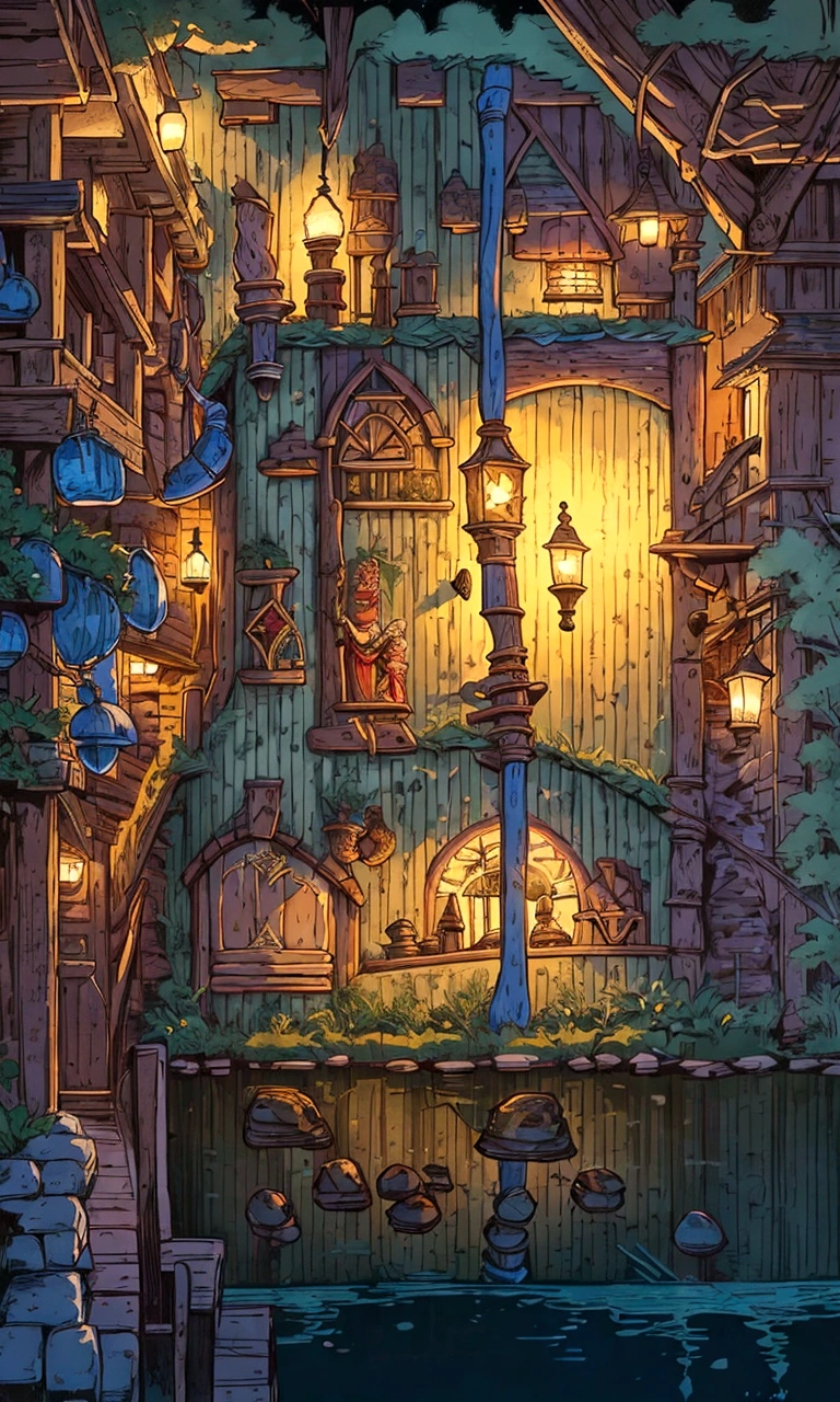 a cartoon image of a boat dock with a lot of furniture, a multidimensional cozy tavern, dimly-lit cozy tavern, inside a tavern, tavern background, dimly lit cozy tavern, r / battlemaps, dnd setting!, medieval tavern, fantasy tavern background, medieval d&d mood, taverns nighttime lifestyle, fantasy potion vendor interior, tavern, alchemy tavern