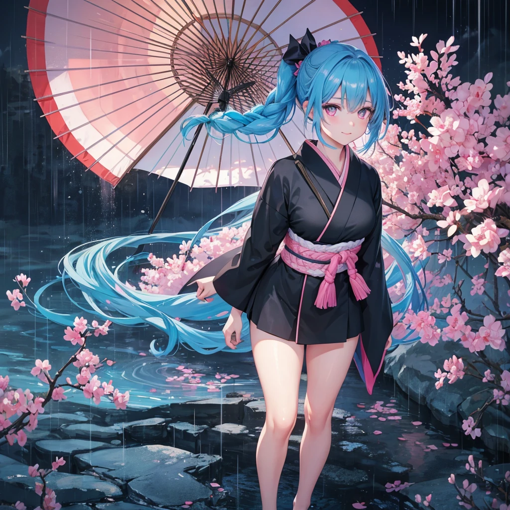 sky Blue hair, (braided ponytail),(pink eyes),fair skin ,(full body),(1 girl),smile,Straight Bangs,(masterpiece, best quality, ultra-detailed, best shadow), (detailed background), (beautiful detailed face), high contrast, (best illumination, an extremely delicate and beautiful), ((cinematic light)), colorful, hyper detail, dramatic light, intricate details,rain shower,kyoto,Japanese Umbrella,black kimono,