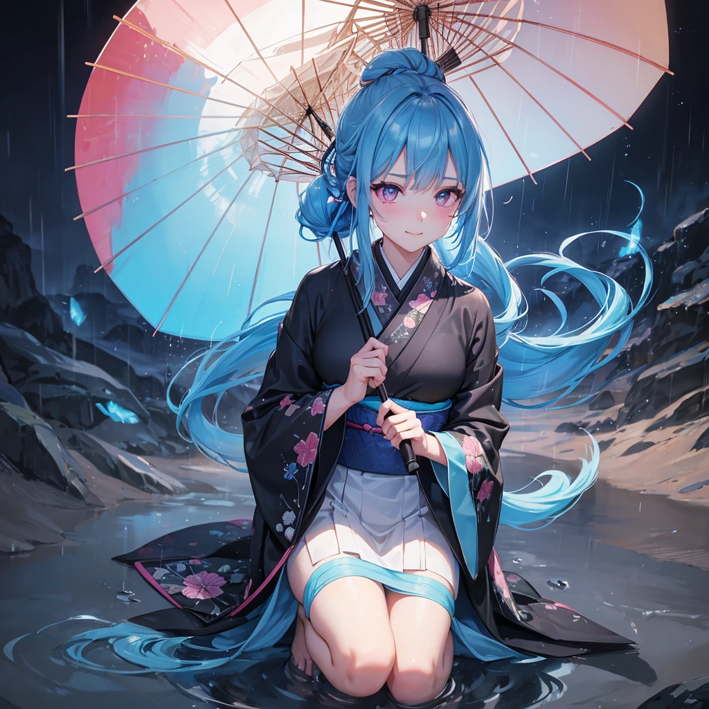 sky Blue hair, (braided ponytail),(pink eyes),fair skin ,(full body),(1 girl),smile,Straight Bangs,(masterpiece, best quality, ultra-detailed, best shadow), (detailed background), (beautiful detailed face), high contrast, (best illumination, an extremely delicate and beautiful), ((cinematic light)), colorful, hyper detail, dramatic light, intricate details,rain shower,kyoto,Japanese Umbrella,black kimono,