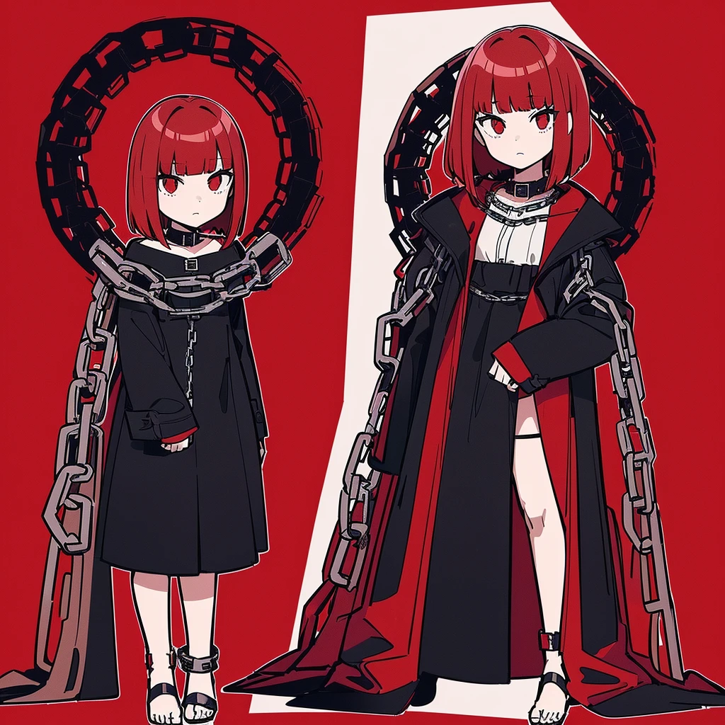 ((Red-haired girl in a dress wrapped in chains)), ((wearing a noble robe)), ((Bobcut)), ((full body black and red longcoat)), Anime full body illustration, ((White background)), ((1 person)), Adult women