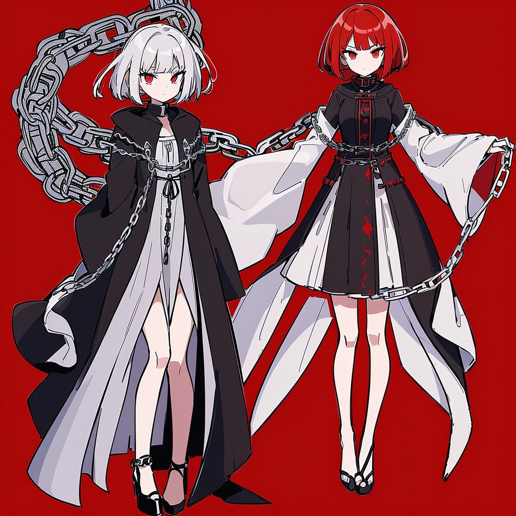 ((Red-haired girl in a dress wrapped in chains)), ((wearing a noble robe)), ((Bobcut)), ((full body black and red longcoat)), Anime full body illustration, ((White background)), ((1 person)), Adult women