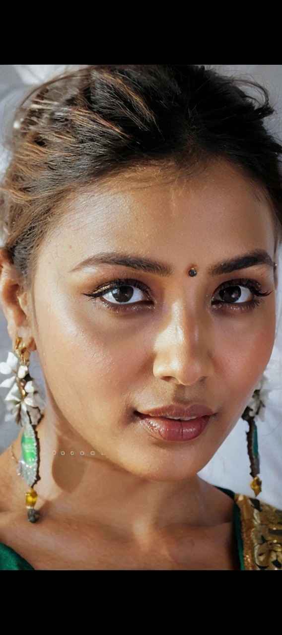 A hindu devi yakshini, a hot body, big breast, thick thighs, wearing saree with blouse and bikini, golden jewelry, doing poses standing, in bedroom, and with horny face.