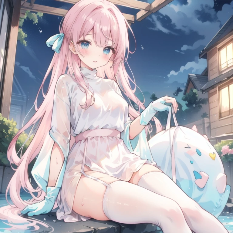 She looks away shyly　Embarrassed expression　Wide mouth　Mouth slightly open　Blonde Long Hair　anime　Romanesque style　 Super Curly Hair　Super long sideburns　Wet and transparent salmon pink turtleneck wedding dress　cuteポージング　Pool at night　Droopy eyes　Ribbon headband　天蓋付きのcuteベッド　Aqua Blue Rubber Sheets　Aqua Blue Rubber Bed　Sitting　　Blushing　Wet and see-through salmon pink berry long skirt　Wet and see-through salmon pink tights　Wet and see-through salmon pink underwear　Metal luster　Chest mesh　Multiple ribbons　Soaked in the rain　Wet and see-through salmon pink super long gloves　Wet and see-through salmon pink pantyhose　Wet and transparent shocking pink garter belt　Beauty　Beautiful　cute　clear　Big eyes　Hanging eyes　Sharp Eyes　Pale pink rouge　Shocking Pink Pink Long Boots　Wet and see-through salmon pink bodysuit