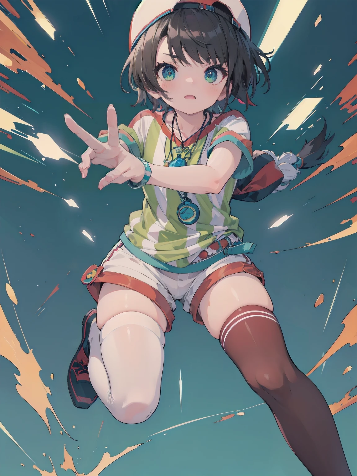 highest quality, High resolution, detailed face, dynamic pose, hair flow, (whole body:1.1), subaru_sports, striped shirt, white shorts, baseball cap, whistle, red legwear, white legwear, mismatched legwear