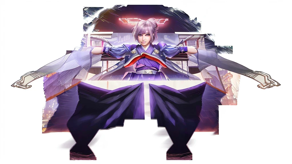 1girl,cowboy shot, beautiful nora_valkyrie, looking at viewer, smile, short hair, purple eyes, heart cutout, gloves, kimono, purple skirt, pink belt, short sleeves, puffy sleeves, single armband, fingerless gloves, purple hair, dynamic pose, night, outdoors, city, (volumetric lighting), best quality, masterpiece, intricate details, tonemapping, sharp focus, hyper detailed, trending on Artstation,