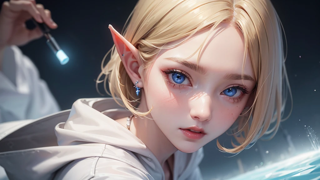 Healthy Skin Elf、Portrait photo of a 20 year old woman、Night Pool、 detailedな背景画、Blue Eyes, detailedな目、White hoodie、particle、超detailed、Transcendently beautiful、Bright red lips, (masterpiece) (Highest quality) (detailed) (8K) (High resolution) (Cinema Lighting) (Sharp focus)、alone、Blonde、short hair、((blush: 0.8)), Natural skin texture,