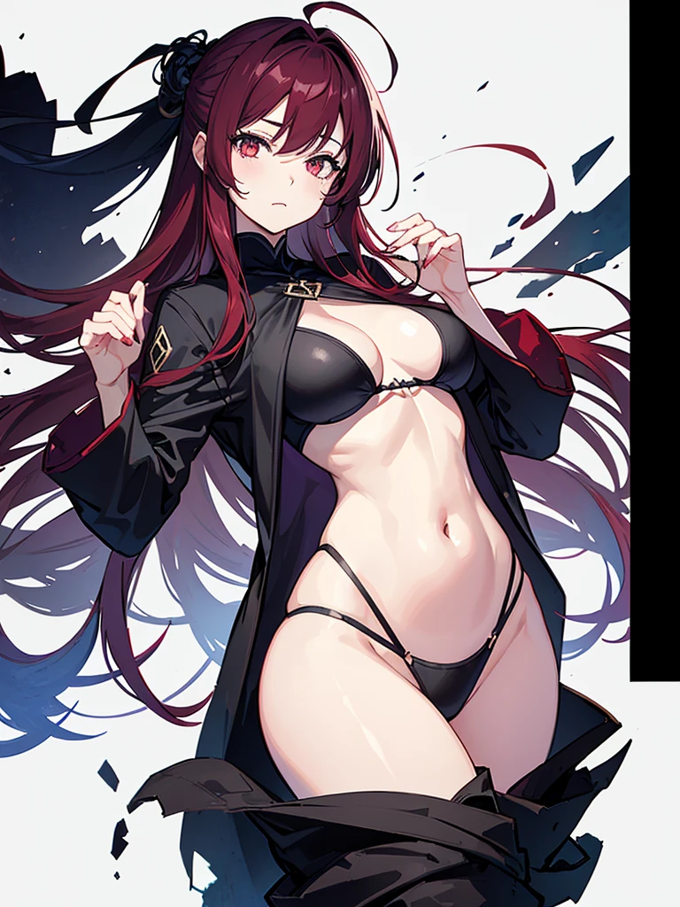 Robed, Black clothes, The skin is hidden, I was wearing long pants,cool,黒いRobed, Toned body, Wine red hair, one big woman,Updo, Nervous,Cowboy Shot, sketch (Character design sheet, same characters, whole body, Three-View, front, ~ ~ ~ side, return),(Very bright:1.1), White Background, [1 Girl:7], (Tilt your head:1.2), ([sketch|watercolor \(Moderate\)]:1.15), (Ink blotches:1.1), (pale:1.2), Chaotic Abstract Background, Vector Trace, Gradient Blending, Bright colors, that&#39;wonderful, Very detailed, Complex, (Very low contrast:1.4