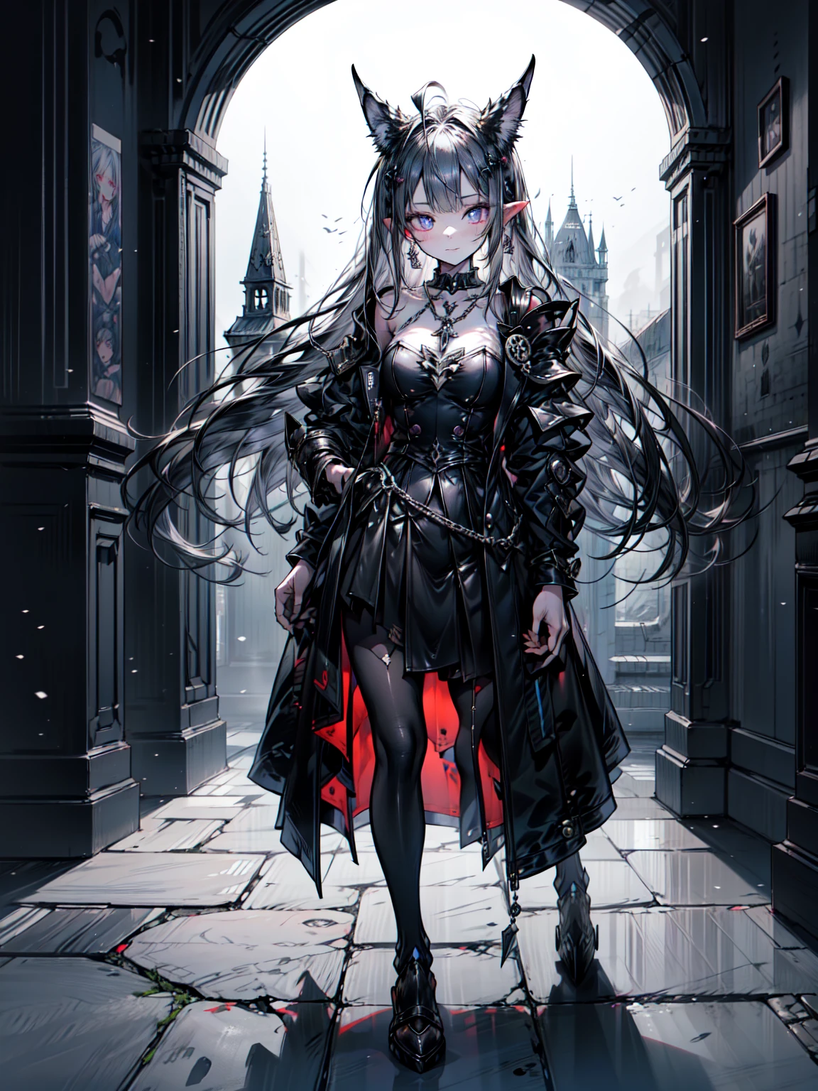 Cute adult girl standing ,Girl Focus, [full body armor], ((Haunted Gothic Castle:1.2)),  poker face, still, (One Girl:1.3), bangs,necklace ,I&#39;m looking forward to it,  （Snow White&#39;s Armor), Super detailed, Crystal silver eyes,thin, Technology of Wonders, Long Hair, Animetic, alone, Silk White Hair, high quality, Mastette Piece,Very detailed,[Wide Hips] , beautiful girl, [detailed aspects], See details of actual operation, Very detailed目,Expressionless emotions, Beautiful Eyes、Blake、（Dark Elf), (1 Girl), alone, Perfect Face, Get used to it, Ahoge, ((Long Hair:1.2)), [[Messy Hair]], Shiny blonde white hair, Purple eyes, Variegated eyes, Colorful Hair, Shining Eyes, (eyelash, eye shadow, pink eye shadow), bright, smile, Design Art：Haruhiko Mikimoto, by Kawashi, By Yoshitaka Amano