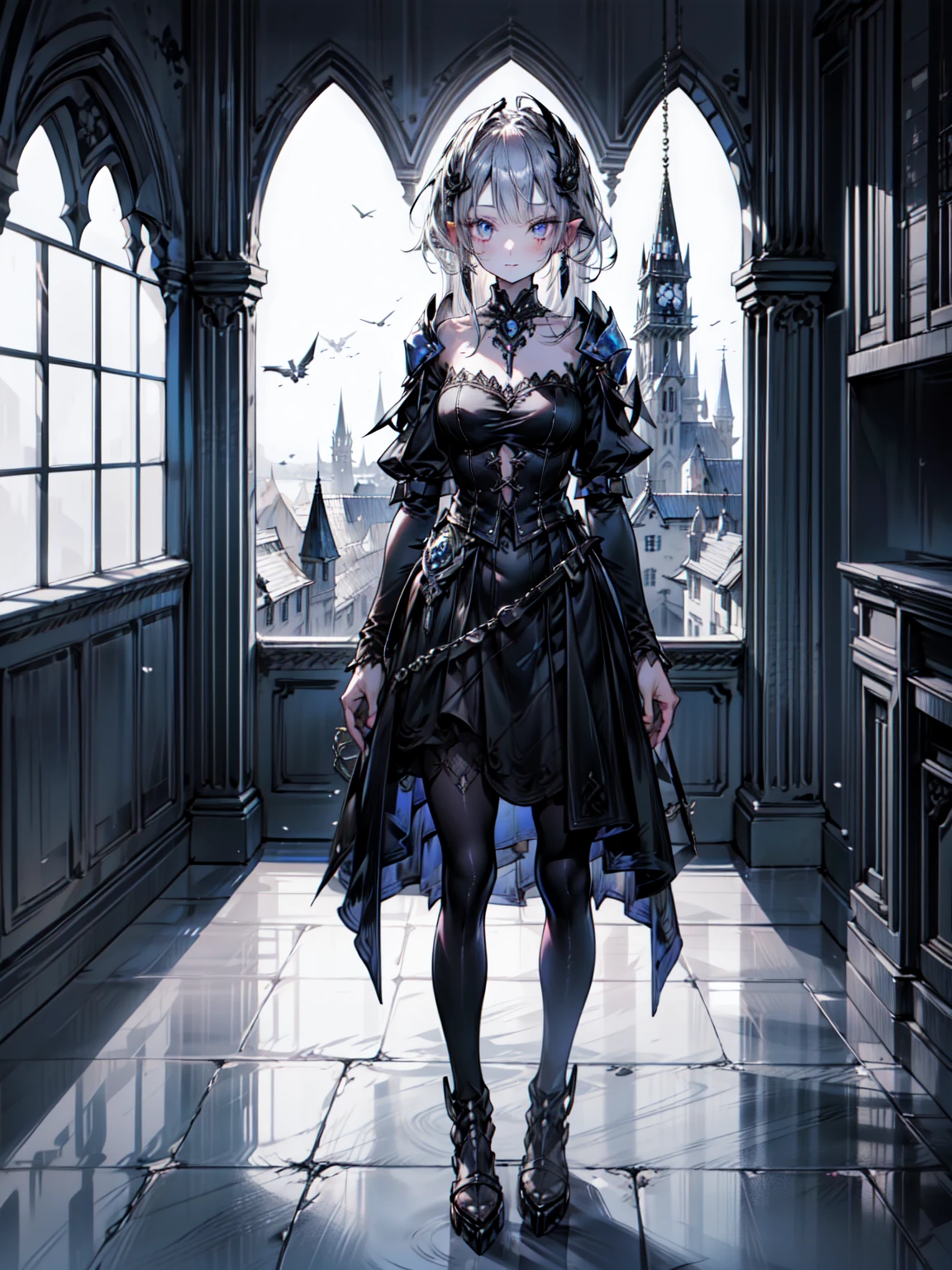 Cute adult girl standing ,Girl Focus, [full body armor], ((Haunted Gothic Castle:1.2)),  poker face, still, (One Girl:1.3), bangs,necklace ,I&#39;m looking forward to it,  （Snow White&#39;s Armor), Super detailed, Crystal silver eyes,thin, Technology of Wonders, Long Hair, Animetic, alone, Silk White Hair, high quality, Mastette Piece,Very detailed,[Wide Hips] , beautiful girl, [detailed aspects], See details of actual operation, Very detailed目,Expressionless emotions, Beautiful Eyes、Blake、（Dark Elf), (1 Girl), alone, Perfect Face, Get used to it, Ahoge, ((Long Hair:1.2)), [[Messy Hair]], Shiny blonde white hair, Purple eyes, Variegated eyes, Colorful Hair, Shining Eyes, (eyelash, eye shadow, pink eye shadow), bright, smile, Design Art：Haruhiko Mikimoto, by Kawashi, By Yoshitaka Amano