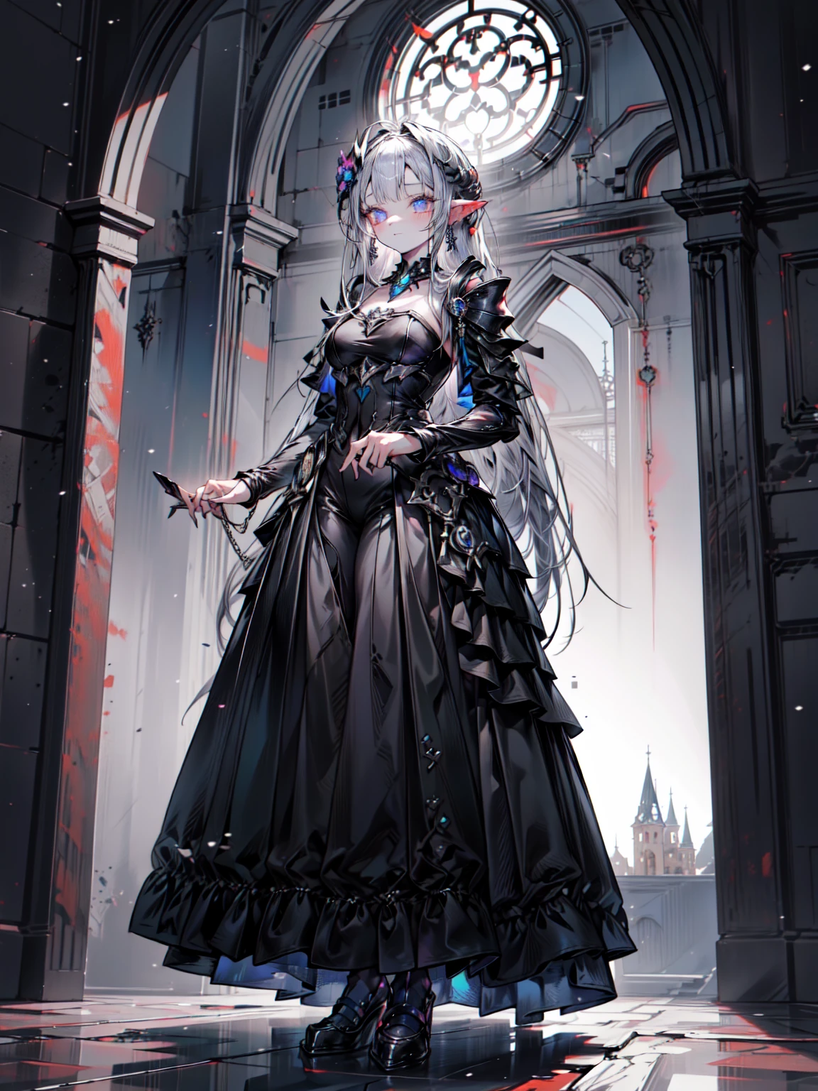 Cute adult girl standing ,Girl Focus, [full body armor], ((Haunted Gothic Castle:1.2)),  poker face, still, (One Girl:1.3), bangs,necklace ,I&#39;m looking forward to it,  （Snow White&#39;s Armor), Super detailed, Crystal silver eyes,thin, Technology of Wonders, Long Hair, Animetic, alone, Silk White Hair, high quality, Mastette Piece,Very detailed,[Wide Hips] , beautiful girl, [detailed aspects], See details of actual operation, Very detailed目,Expressionless emotions, Beautiful Eyes、Blake、（Dark Elf), (1 Girl), alone, Perfect Face, Get used to it, Ahoge, ((Long Hair:1.2)), [[Messy Hair]], Shiny blonde white hair, Purple eyes, Variegated eyes, Colorful Hair, Shining Eyes, (eyelash, eye shadow, pink eye shadow), bright, smile, Design Art：Haruhiko Mikimoto, by Kawashi, By Yoshitaka Amano