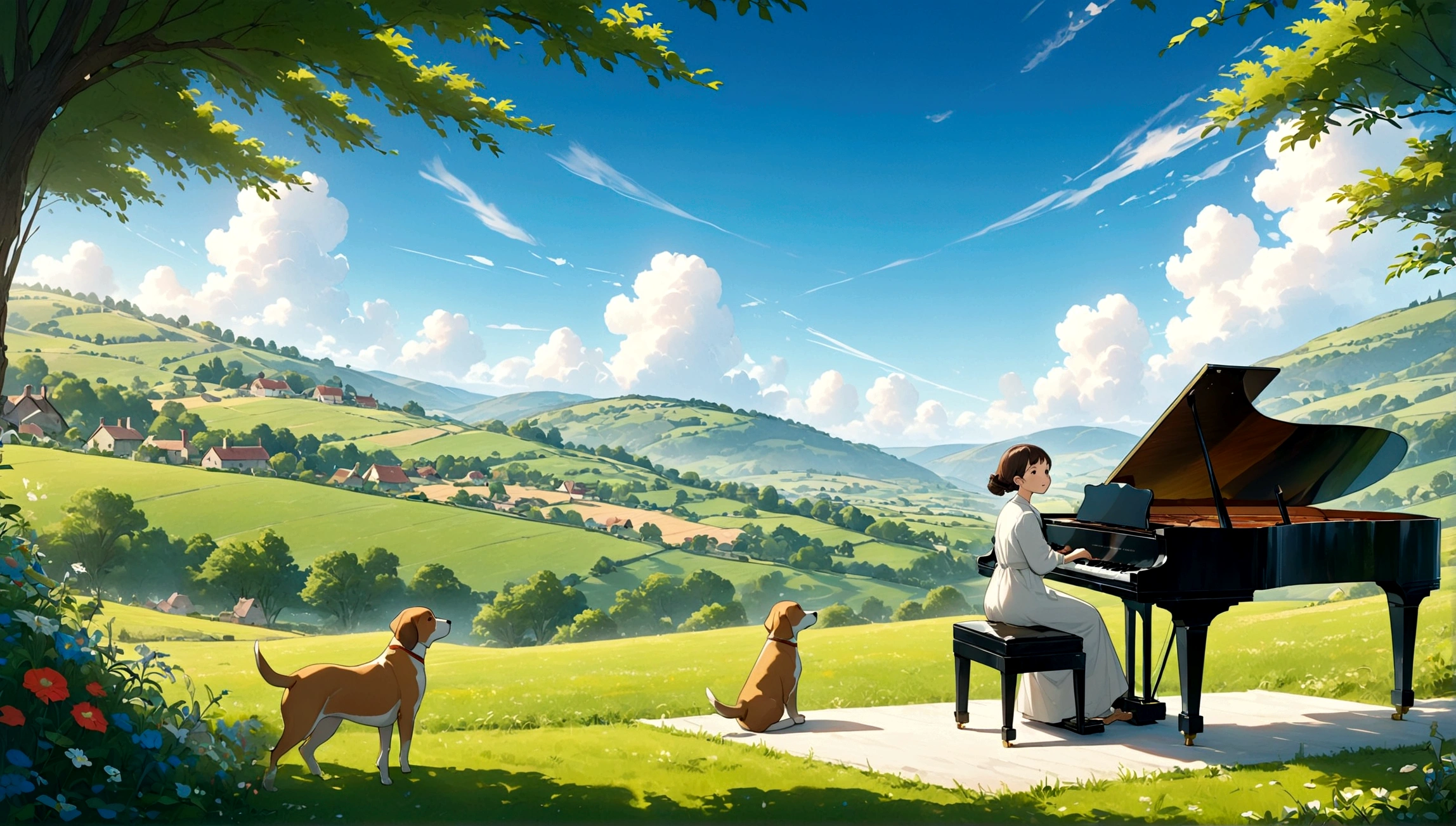 In the style of Studio Ghibli、Create an image of a dog sitting on a chair playing a grand piano in a beautiful countryside setting。. near, Human  relaxing, Enjoy a peaceful environment. The scene has、It must contain rolling hills and other picturesque rural elements。, Clear blue sky, Lush greenery. The overall atmosphere should be whimsical and calm., Captivating the essence of happiness and serenity, Idyllic countryside.