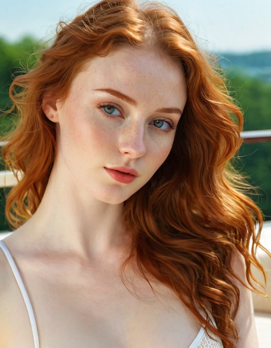 Photography full body of a very beautiful realistic girl,on the terrace sunbathing, porcelain skin, very light skin, very pale skin, redhead, wavy,open hair, Detail of skin structure, hazel eyes, Slit eyes, small-nose, small nostril, think of arched eyebrows, thick lower lip, seductive glance, happy face, sexly, unique face, Wear short clothes, detailed photo, foto realista, Masterpiece Image, sharp image


