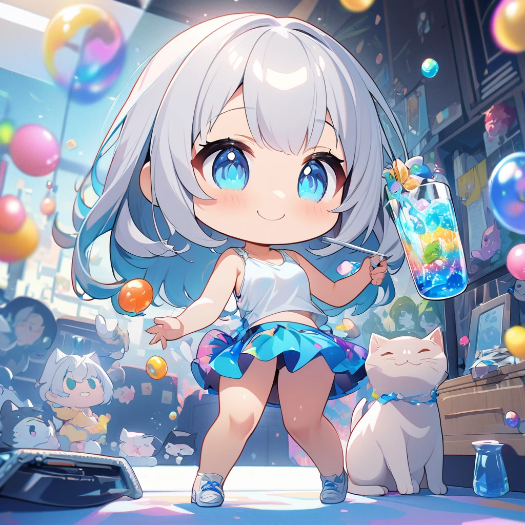 masterpiece、Highest quality、Depth of subject、２D illustration、1 beautiful girl、独奏, (((chibi style)))、Long, beautiful hair、Shiny silver hair、cute、Beautifully detailed eyes、((Tank top))、a glass of blue soda, ((colorful))、mini skirt、((happy smile))、((kitten cluster)), ((full body shot))、((in the room))、((There&#39;s a lot of pink around))、Thighs、((vivid color))、sparkle、((Lens flare))、