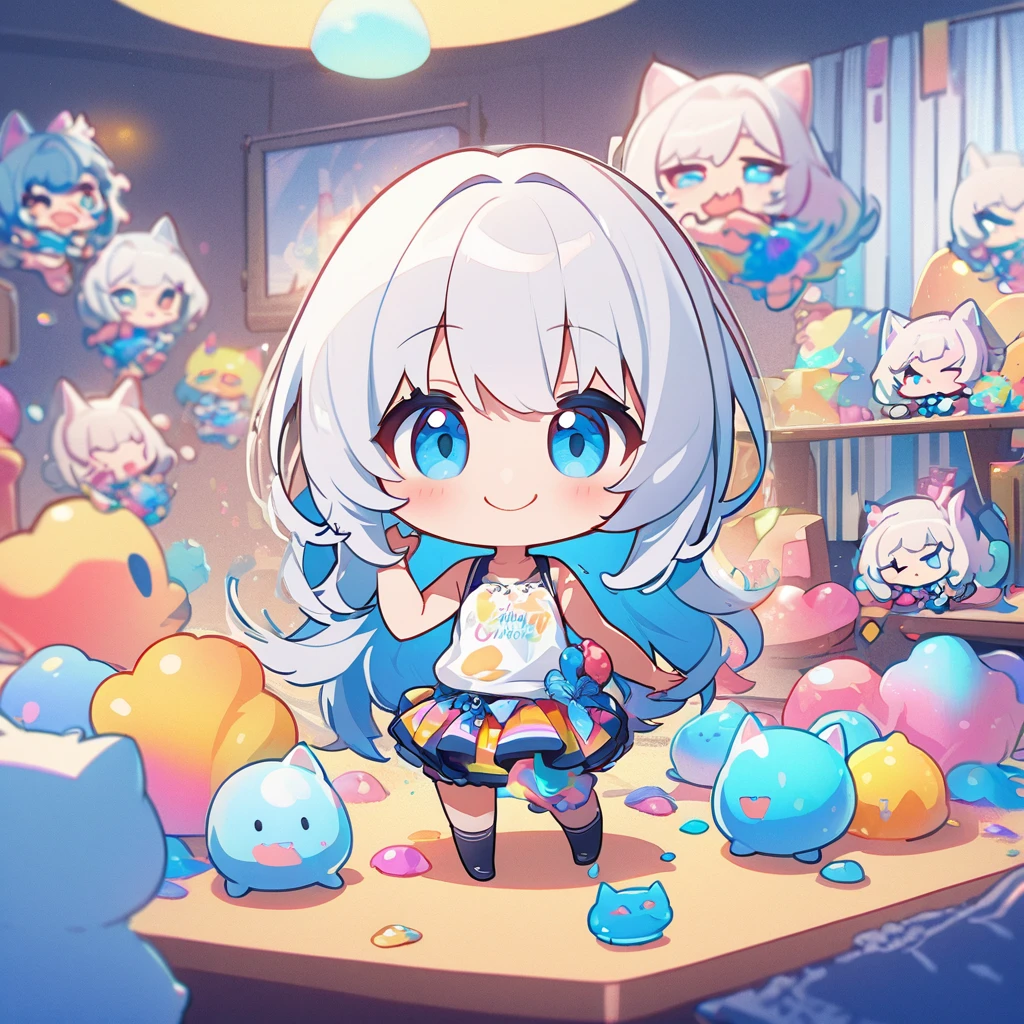masterpiece、Highest quality、Depth of subject、2D illustration、1 beautiful girl、独奏, (((chibi style)))、Long, beautiful hair、Shiny silver hair、cute、Beautifully detailed eyes、((Tank top))、a glass of blue soda, ((colorful))、mini skirt、((happy smile))、((kitten cluster)), ((full body shot))、((in the room))、((There's a lot of pink around))、Thighs、((vivid color))、sparkle、((Lens flare))、
