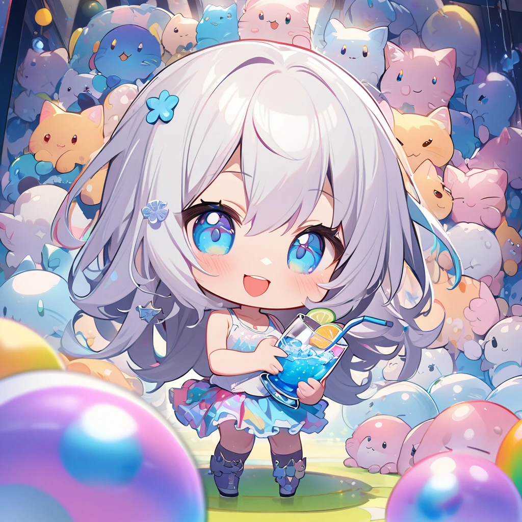 masterpiece、Highest quality、Depth of subject、2D illustration、1 beautiful girl、独奏, (((chibi style)))、Long, beautiful hair、Shiny silver hair、cute、Beautifully detailed eyes、((Tank top))、a glass of blue soda, ((colorful))、mini skirt、((happy smile))、((kitten cluster)), ((full body shot))、((in the room))、((There's a lot of pink around))、Thighs、((vivid color))、sparkle、((Lens flare))、