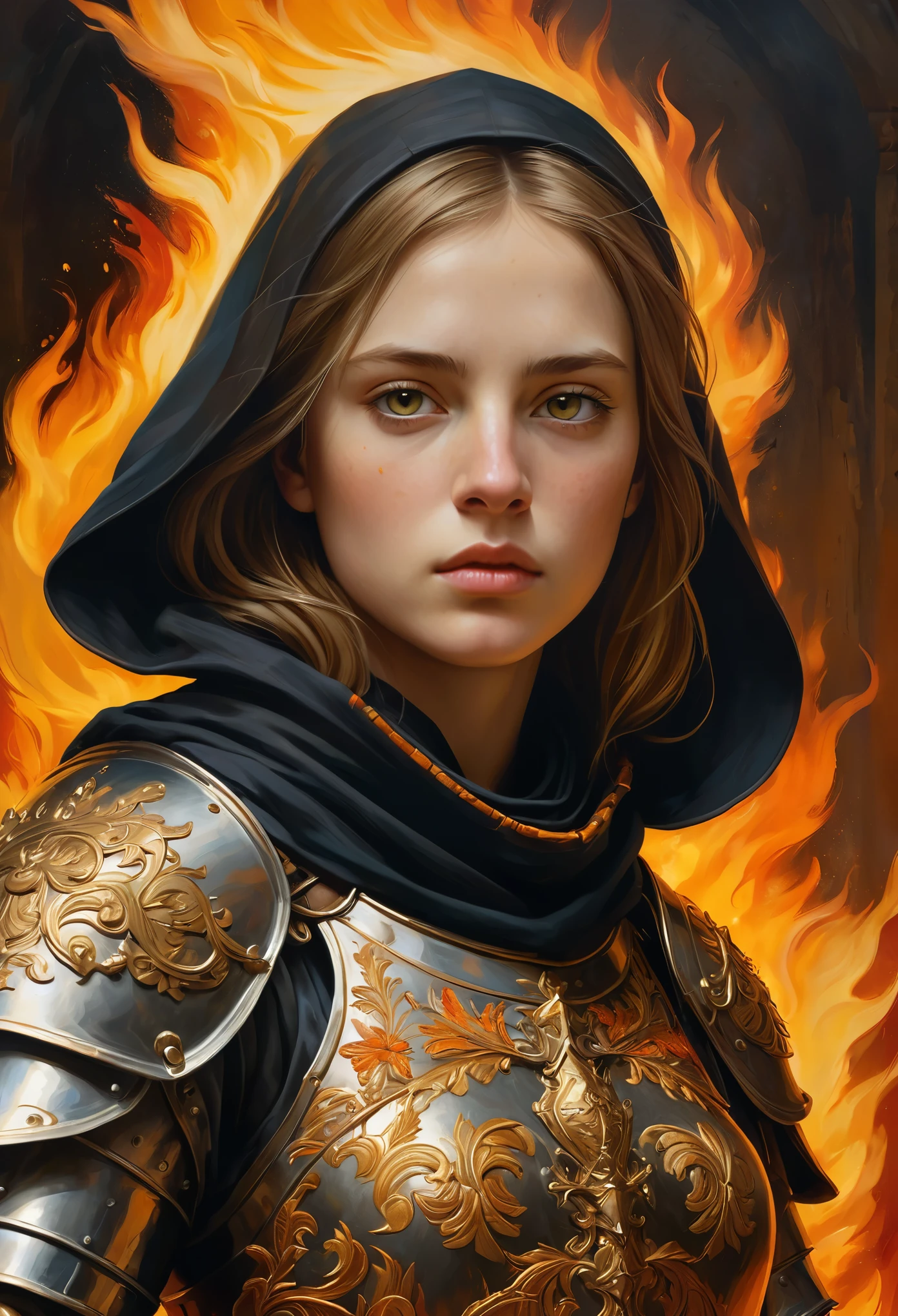 The portrait features a young woman reminiscent of Joan of Arc, a historical figure from the 15th century renowned for her role during the Hundred Years' War. Her facial expression is serious and determined, embodying her bravery and resolve.Armor: The figure is adorned in a detailed, gilded armor with intricate patterns, both functional and decorative. This highlights her role as a warrior and leader. She wears a dark hooded cloak embellished with golden embroidery around the edges, adding Colors: The artwork employs a warm color palette dominated by gold and orange tones, creating a sense of warmth and drama. The intense colors add a vibrant atmosphere to the image. Fire: Flames are depicted in the background and around the figure, adding movement and energy. The fire might symbolize Joan Background: The background is dark with cracked, textured surfaces, giving the image an antique and dramatic ambiance. The textures resemble old paintings orfrescoes.Symbolism: The combination of fire and the ancient texture of the background may symbolize destruction and the sacrifice Joan of Arc made.Digital Artwork: The image is a digital creation, combining realistic and painterly elements. The detailed armor and finely rendered face indicate a high level of technical skill.Light and Shadow: Joan of Arc is a powerful and evocative depiction that captures both her historical significance and her symbolic role as a brave warrior and martyr.