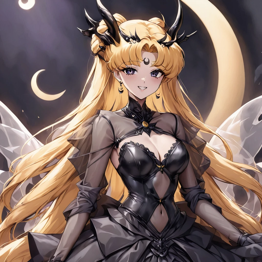 ((Highest quality)), ((masterpiece)), (detailed), (Perfect Face)、The woman is the bride of the Demon King, the Dark Queen of the Black Moon of the Black Moon Clan, the Demon Queen Black Serenity, and the woman is the jet-black, sexy demon princess Serenity.、The woman is a jet-black female demon with magnificent devil horns, jet-black devil wings, and a jet-black tail. Her skin is jet-black, and she has a black inverted crescent moon mark on her forehead. Her gorgeous black skin is visible through her black see-through Gothic Victorian wedding dress, black wedding veil, and black see-through cape. She is a demon bride, the jet-black demon Princess Serenity, and has blonde hair, looking at the camera with a happy expression.2The expression of a girl in love with her long hair tied up、Woman is Black Serenity