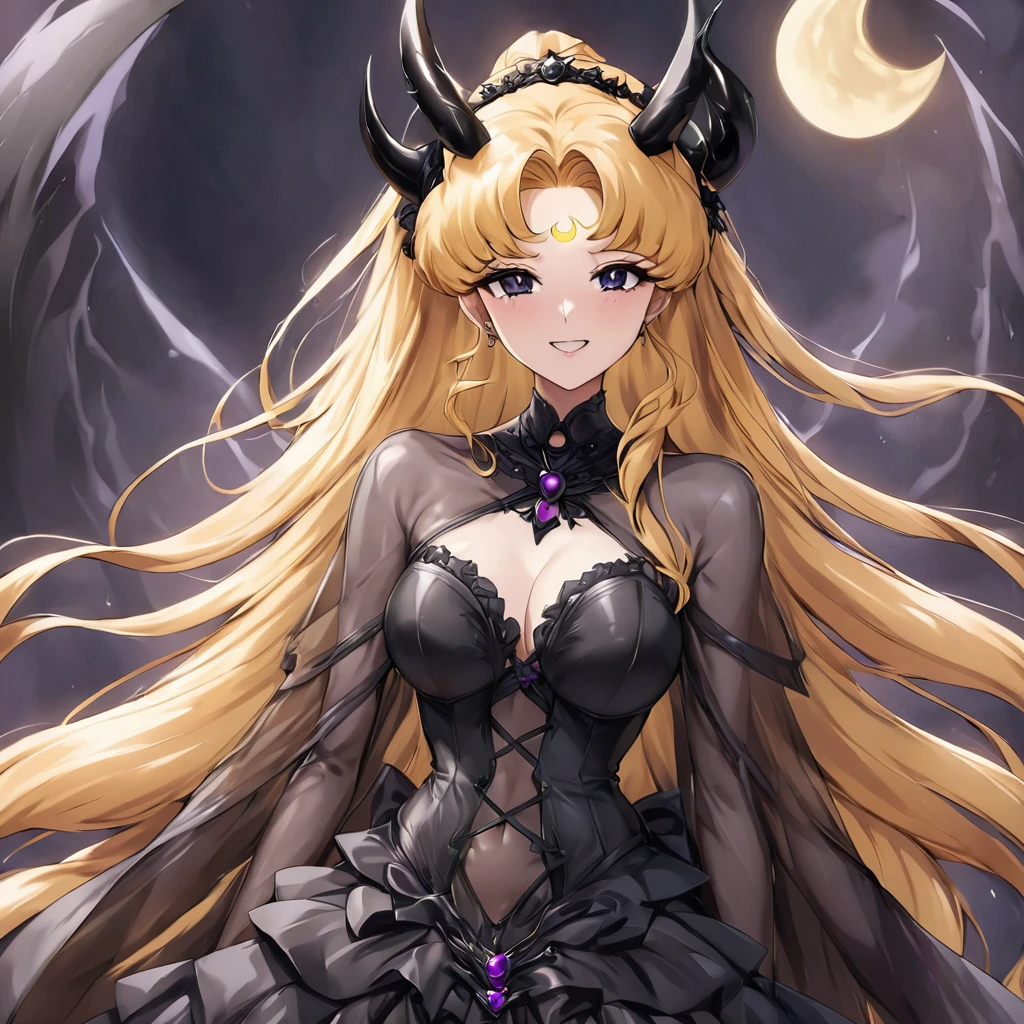 ((Highest quality)), ((masterpiece)), (detailed), （Perfect Face）、The woman is the bride of the Demon King, the Dark Queen of the Black Moon of the Black Moon Clan, the Demon Queen Black Serenity, and the woman is the jet-black, sexy demon princess Serenity.、The woman is a jet-black female demon with magnificent devil horns, jet-black devil wings, and a jet-black tail. Her skin is jet-black, and she has a black inverted crescent moon mark on her forehead. Her gorgeous black skin is visible through her black see-through Gothic Victorian wedding dress, black wedding veil, and black see-through cape. She is a demon bride, the jet-black demon Princess Serenity, and has blonde hair, looking at the camera with a happy expression.２The expression of a girl in love with her long hair tied up、Woman is Black Serenity