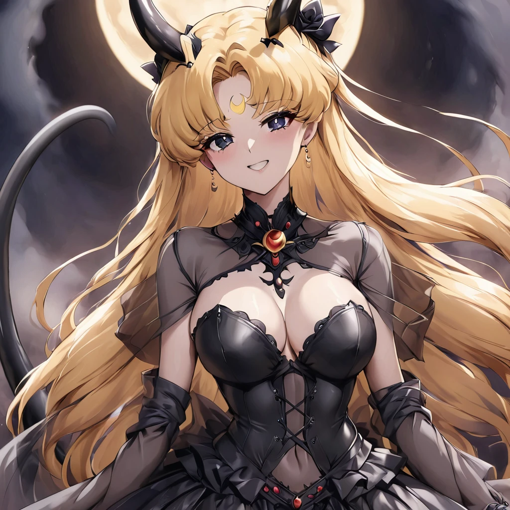((Highest quality)), ((masterpiece)), (detailed), (Perfect Face)、The woman is the bride of the Demon King, the Dark Queen of the Black Moon of the Black Moon Clan, the Demon Queen Black Serenity, and the woman is the jet-black, sexy demon princess Serenity.、The woman is a jet-black female demon with magnificent devil horns, jet-black devil wings, and a jet-black tail. Her skin is jet-black, and she has a black inverted crescent moon mark on her forehead. Her gorgeous black skin is visible through her black see-through Gothic Victorian wedding dress, black wedding veil, and black see-through cape. She is a demon bride, the jet-black demon Princess Serenity, and has blonde hair, looking at the camera with a happy expression.2The expression of a girl in love with her long hair tied up、Woman is Black Serenity