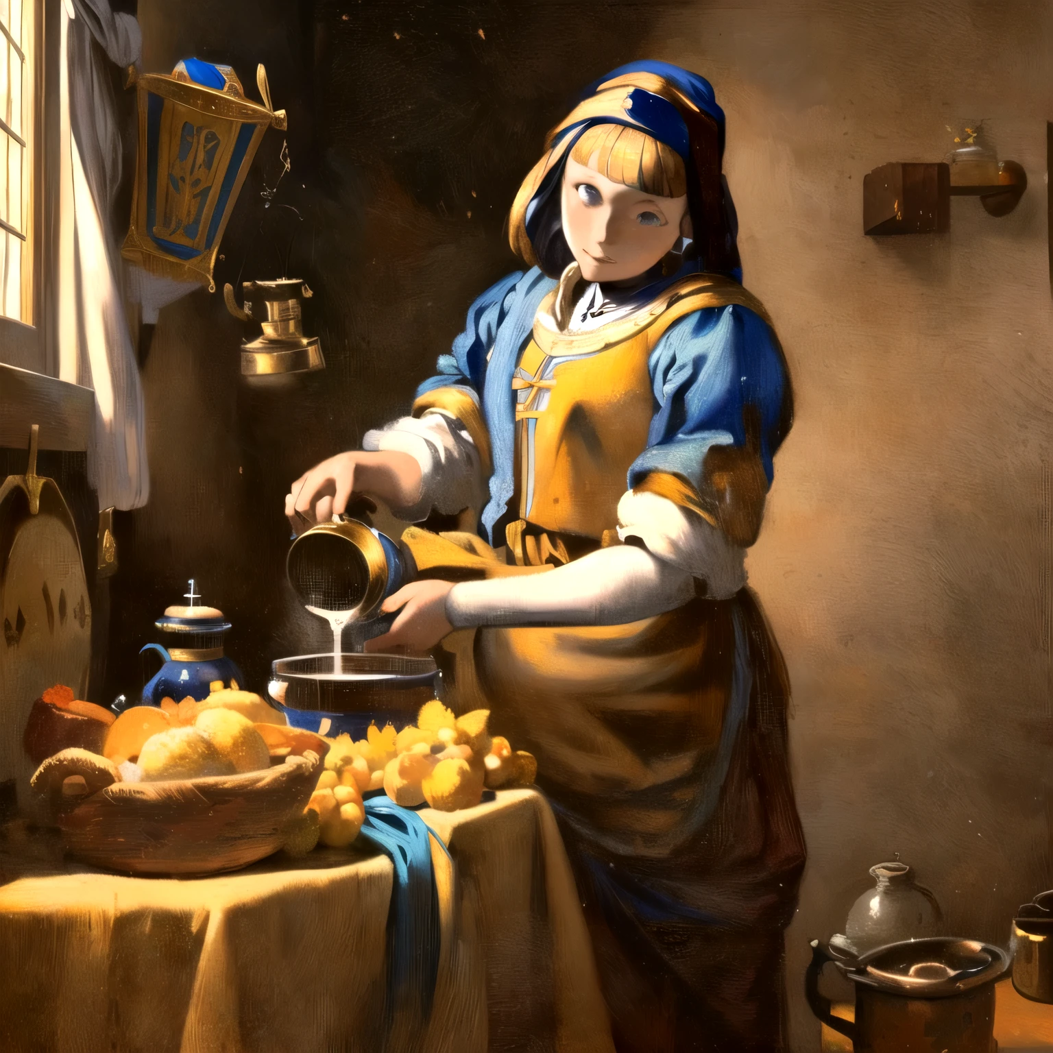 Arafi woman pouring milk from a jug in the kitchen, Vermeer作, Vermeer painting, ヨハネス・Vermeer, inspired ヨハネス・Vermeer, jan Vermeer, ( ( ( ( ( Vermeer ) ) ) ) ), inspired Vermeer作, Vermeer lighting, Dutch masterpiece, Johannes Vemer, Vermeer and caravaggio, dutch style painting，Anime Style，