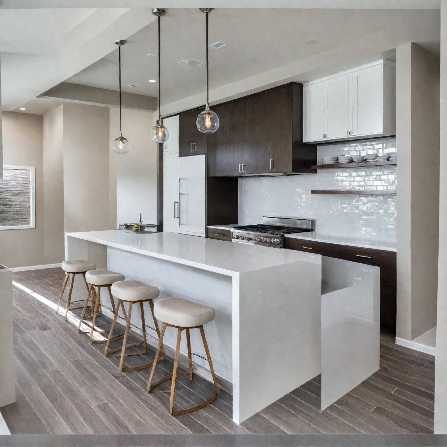 Modern kitchen, kitchen, sleek design, clean lines, stainless steel appliances, polished quartz countertops, matte white and dark wood cabinetry, large island, bar stools, glossy subway tile backsplash, open shelves, pendant lights, neutral-toned tile floor, natural light, bright and inviting