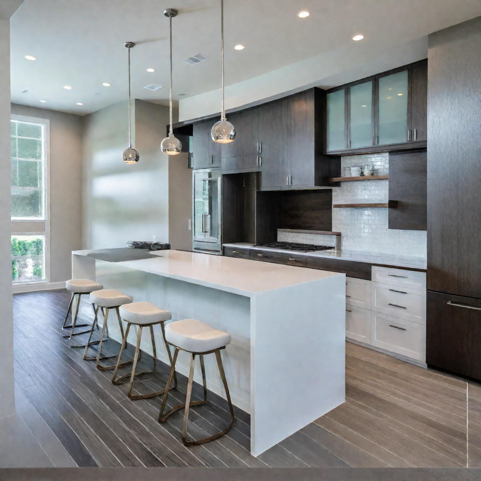 Modern kitchen, kitchen, sleek design, clean lines, stainless steel appliances, polished quartz countertops, matte white and dark wood cabinetry, large island, bar stools, glossy subway tile backsplash, open shelves, pendant lights, neutral-toned tile floor, natural light, bright and inviting