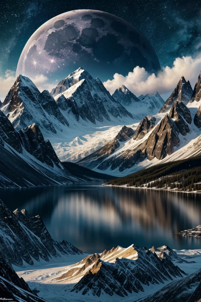 Mountains and lake with moon in the sky, Highly detailed 4k digital art., The 4k hd wallpapers are very detailed., Impressive fantasy landscapes, Sci-fi fantasy desktop wallpaper, unreal engine wallpaper 4k, 4K detailed digital art, Sci-fi fantasy wallpaper, A grand dream-like fantasy landscape., Digital painting matte 4k hd, Amazing 8k artwork