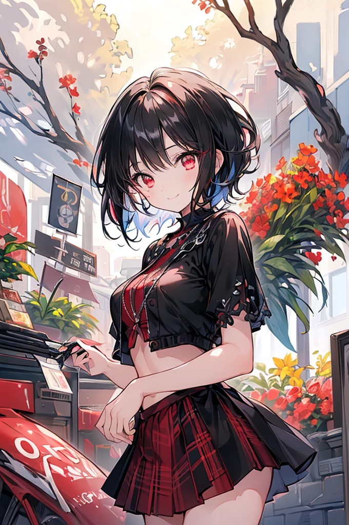 (masterpiece, highest quality, highest quality, (No text), Beautiful and aesthetic:1.2),No text,アニメ、BREAK,One Girl,Black Hair Girl short hair Tree Eyes Beautiful eyes Red eyes cool smile Red and Black mini skirt whole body