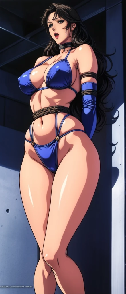 girl，alone，Gray background，Artistic lighting，Beautiful Asian Goddess，Long black hair，Long Hair,Wavy Hair,eyelash, blue eyes, lipstick, Black Micro Bikini,Wearing a micro bikini,(Shiny costumes)(Rope Bondage:1.4),((Put your arms behind your back)),((Wrists tied behind the back)),Tied up woman,Sensual,(Hair blowing in the wind),Graceful features，No sleeve，Mature Woman, Mature Woman,Detailed fingers, Perfect hands, Length 180cm,Small face,sweating,Soft thighs,Sexy legs,Sexy ass, Cleavage,Open the chest,Smooth thighs and legs，((Amazing orgasm)),大きなSexy ass, Perfect Body Proportions, Slim waist,Nipples visible,The areola is protruding,Tight waist,(Long legs:1.4),F cup bust,Thighs open,Huge :1.3，perspective:1.2，Looking at the audience，Character-centric，symmetry diagram，whole body:1.5，From below:1.3，Abdominal shot